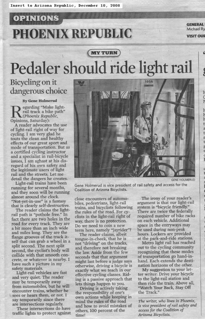 Pedaler should ride light rail: Bicycling on it is a danergous choice